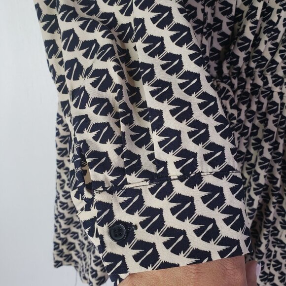 Maeve Button Front Peplum Bird Print Blouse S Tie Waist Black Ivory Pleated - Picture 5 of 9